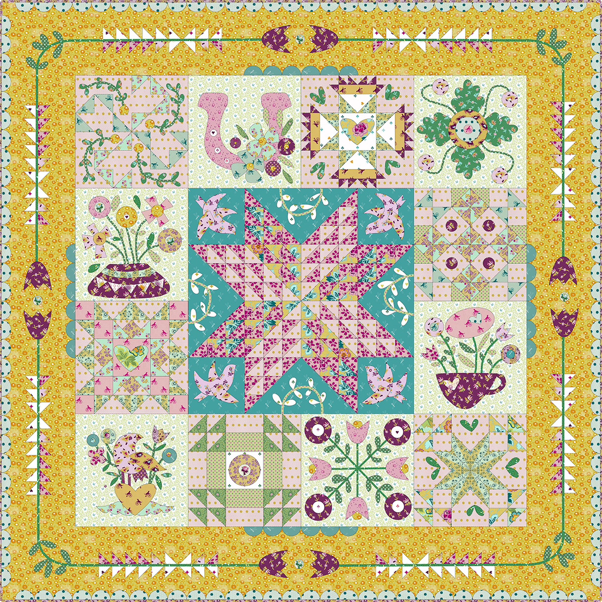 Hannah's Sampler quilt by Sarah Fielke: sixteen appliqu&eacute; and pieced blocks around a teal and pink star center, framed by a mustard floral border with tulips and flying geese